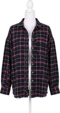 NEW FREE PEOPLE happy hour plaid shirt in navy combo